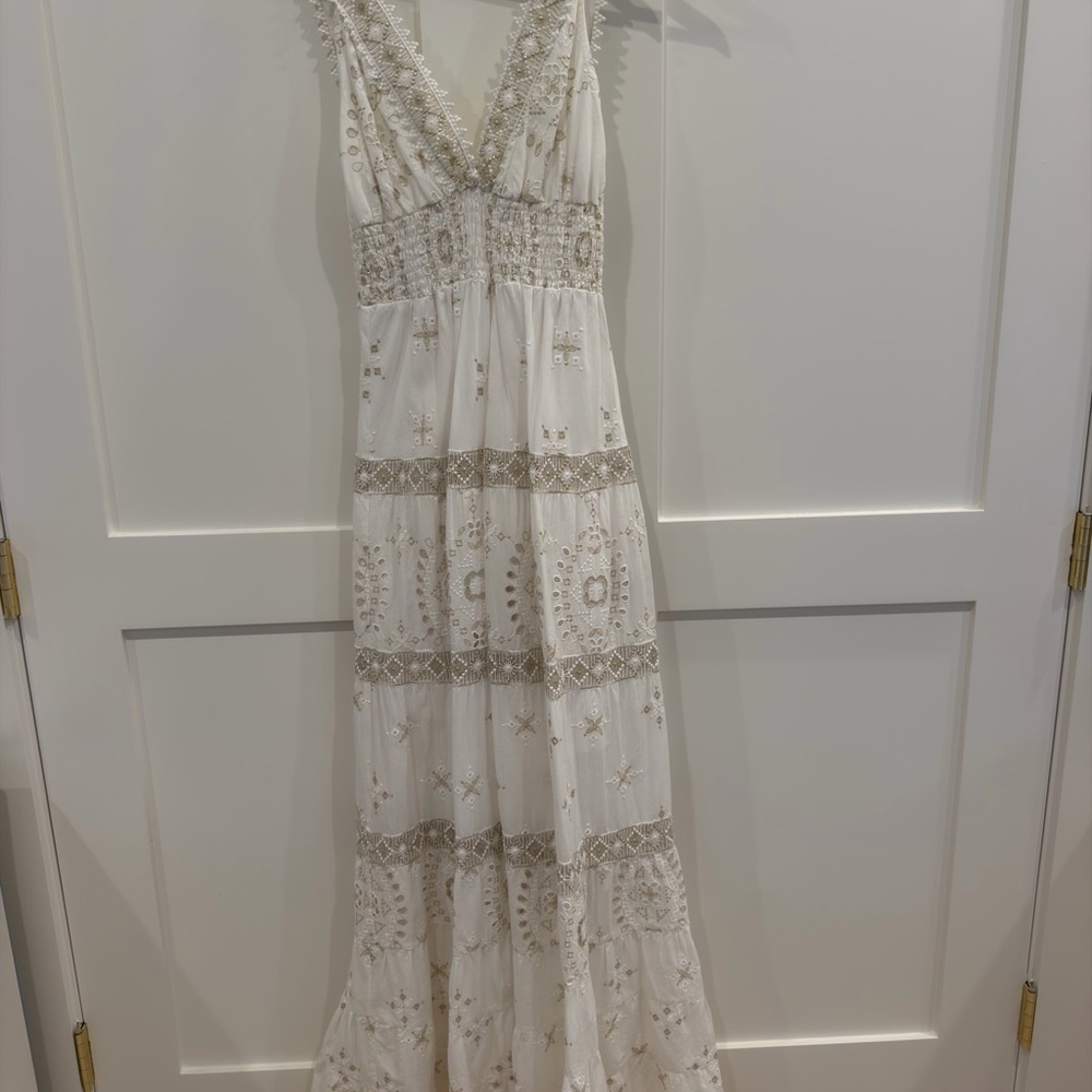 Ivory Maxi Dress with Silver and Gold Embellishments
